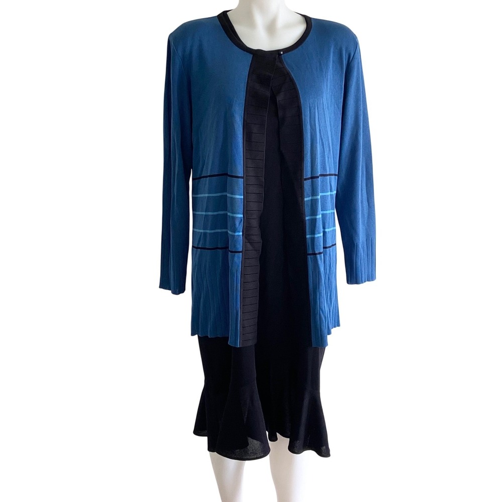 Misook Womens Blue Striped Knit Cardigan Sweater Open Front Size L Long Sleeve